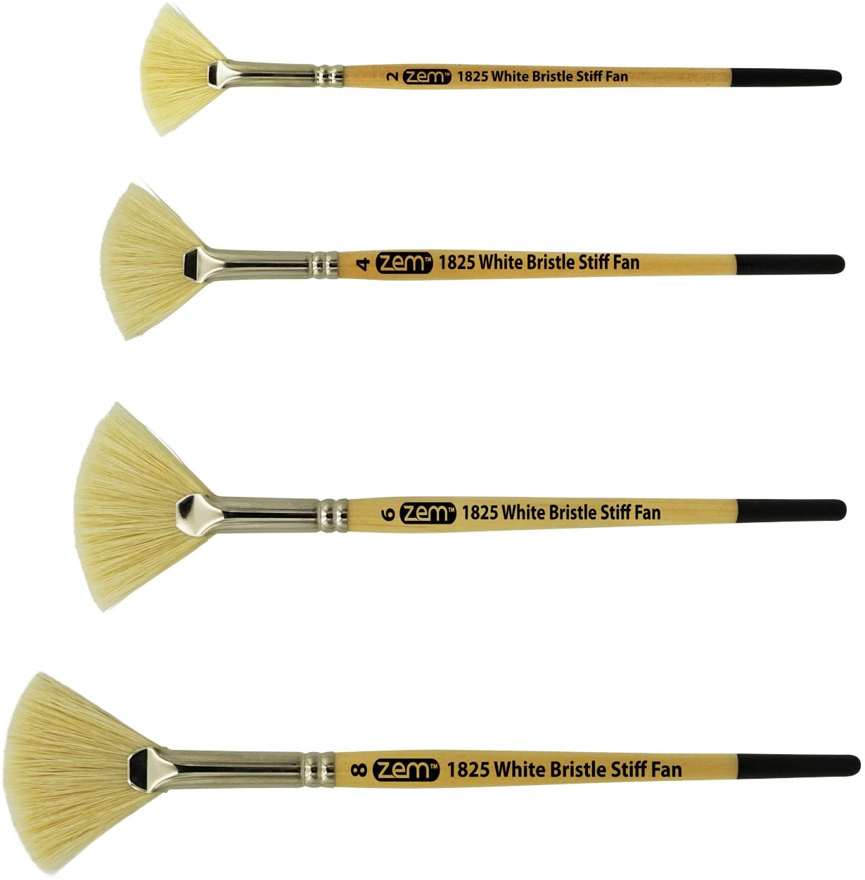 Zem Brush White Bristle Stiff Fan Brush Set Size 2,4,6,8