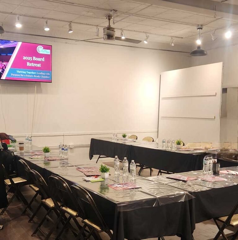 hybrid corporate event space with professional tech setup