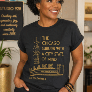 Woman wearing a black T-Shirt with an Oak Park Art Deco Marquee
