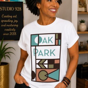 Woman wearing the Oak Park Geometric Tee